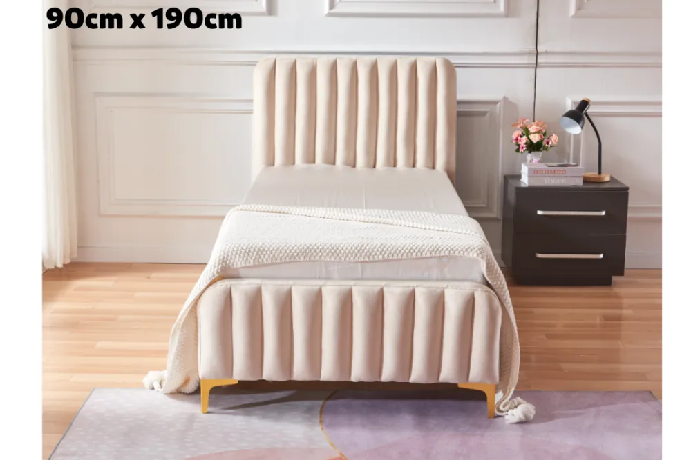 LIT FAYE CAPITONNE EN LIGNE VELOURS BEIGE 90×190 cm